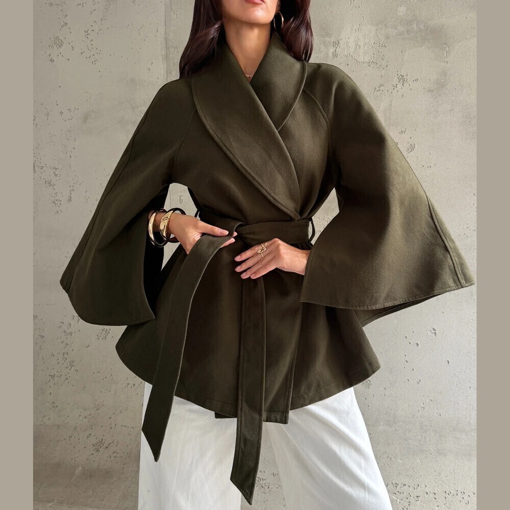 Olive Green Shawl Collar Belted Wrap Coat with Kimono Sleeves